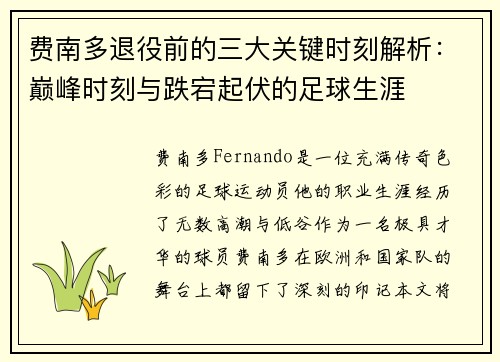 费南多退役前的三大关键时刻解析：巅峰时刻与跌宕起伏的足球生涯