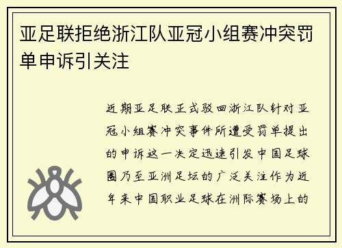 亚足联拒绝浙江队亚冠小组赛冲突罚单申诉引关注 亚足联拒绝浙江队亚冠小组赛冲突罚单申诉引关注